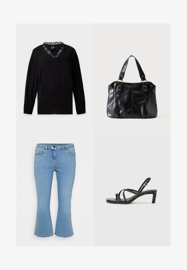 Sort langærmet bluse med V-udskæring kantet med sort blonder, med en let opsamlet detalje ved ærmekanterne.; Lys blå denim flared jeans med fem lomme-design, der har en knaplukning og kontrasterende syninger langs sømmene.; Sort remsandale med firkantet tå og en lav blokeret hæl. Har flere tynde stropper og en justerbar ankelrem. Fremstillet af glat læder.; Sort læder skuldertaske med dobbelte stropper fastgjort med gyldne ringe og nitter, glat og let skinnende overflade, enkelt design.