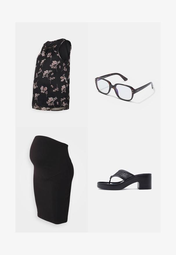 Vero Moda Maternity VMMSMILLA - Bluse - black/maya; Sort graviditetsnederdel lavet af blødt, strækbart stof. Har et højt livpanel for komfort og en tætsiddende design, der former sig efter kroppen.; Sort hælet flip-flop sandal med kraftig hæl og bredt netstofsrem over foden på en ensfarvet lys baggrund.; Skildpaddebens rektangulære briller med klare linser, der har kraftige stel, guldaccenter og et strømlinet design.