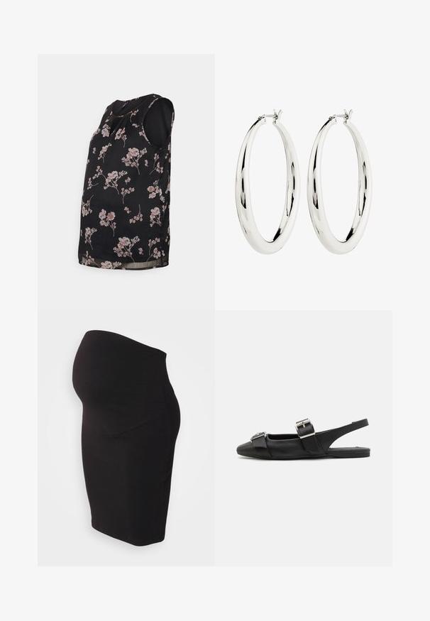 Vero Moda Maternity VMMSMILLA - Bluse - black/maya; Sort graviditetsnederdel lavet af blødt, strækbart stof. Har et højt livpanel for komfort og en tætsiddende design, der former sig efter kroppen.; Sorte læderslippersko med flad sål, firkantet tå og to spænder over vristen. Glat tekstur med minimal detaljering.; Sølv hoops øreringe med en glat, reflekterende overflade. Rund, stor form med en sikker lås øverst. Den polerede finish fremhæver glansen.