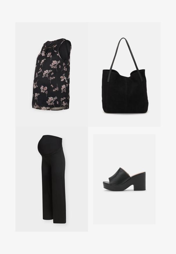 Vero Moda Maternity VMMSMILLA - Blouse - black/maya; Pantalon de maternité noir avec une taille haute et extensible conçue pour soutenir un ventre de femme enceinte, présenté sur un fond clair uni.; Des mules ouvertes en cuir noir présentent une large lanière avant et un talon en plateforme épais et haut avec une texture lisse. Vue de côté présentée.; Sac fourre-tout en suède noir avec deux longues anses en cuir plates. Présente un bord supérieur incurvé et des coutures visibles sur le devant. Pas d'accents en métal.