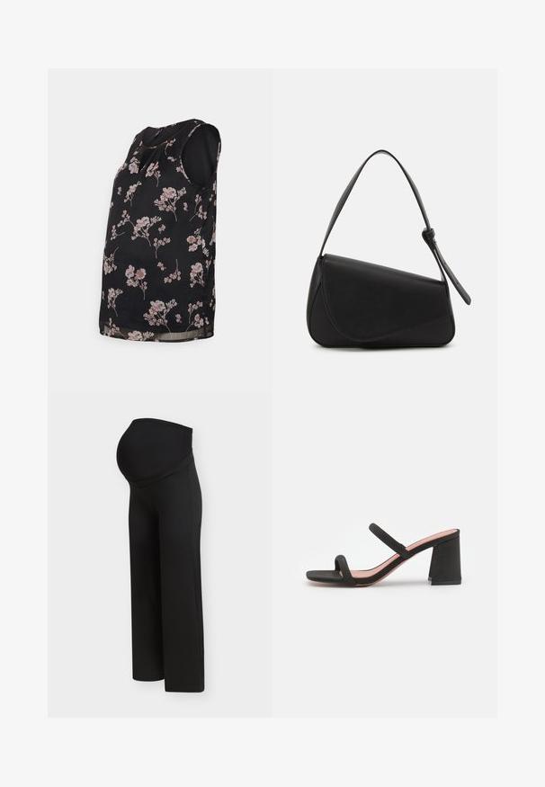 Vero Moda Maternity VMMSMILLA - Blouse - black/maya; Pantalon de maternité noir avec une taille haute et extensible conçue pour soutenir un ventre de femme enceinte, présenté sur un fond clair uni.; Call it Spring KAIAA - Mules à talons - black; Sac à main en cuir noir de forme triangulaire, avec un rabat incliné et une poignée supérieure arrondie. Il présente une texture lisse et des détails de design minimalistes.