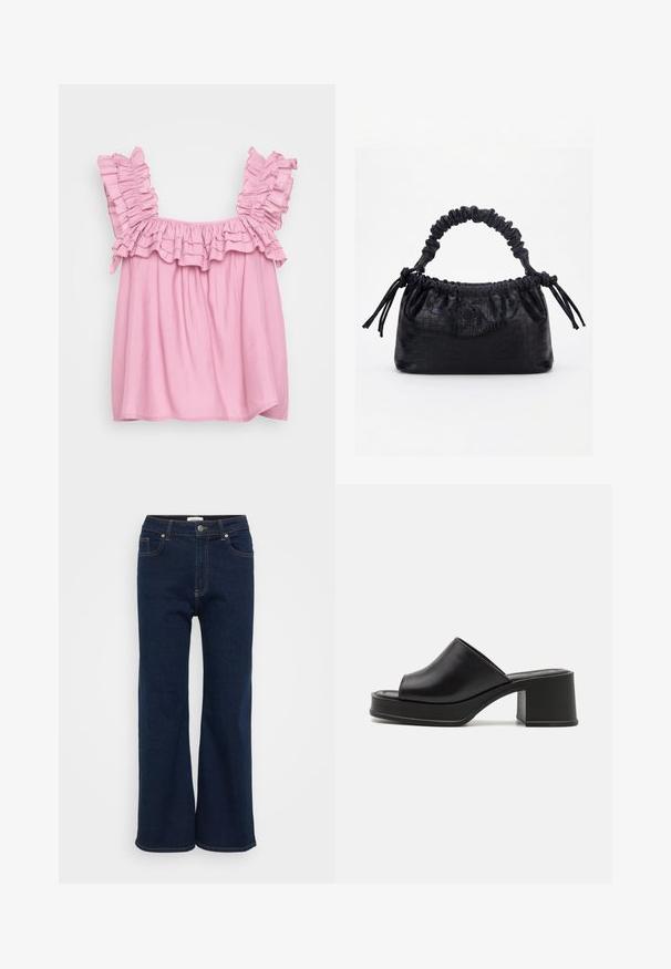 Lyserød top med flæser ved ærmer og halsudskæring. Blødt stof, afslappet pasform og sammensamlet design. Enkel kant med sideskår i bunden.; Mørkeblå denim wide-leg jeans med lukning foran med knap og lynlås, fem lommer og kontrastsyde. Glat tekstur.; Sorte læder platform sandals med rund åben tå, lav blokhæl og glat tekstur. Minimalistisk design med elegante linjer.; Sort taske med krokodilletekstur, rynket øverste kant, samlet hank og snore med kvaster på hver side mod en hvid baggrund.