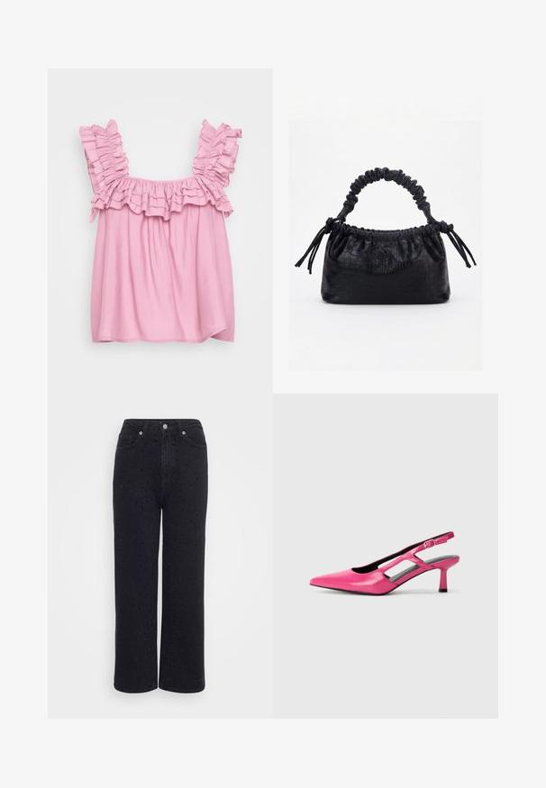 Top de color rosa claro con mangas y escote con volantes. Tejido suave, ajuste relajado y diseño fruncido. Dobladillo simple con aberturas laterales en la parte inferior.; Pantalones de mezclilla negra de pierna ancha con una cintura alta, que presentan acentos decorativos de tachuelas en todo su diseño y una textura suave.; Zapato de tacón slingback de cuero rosa con punta afilada, detalles recortados y tacón bajo. Textura suave y cierre de hebilla ajustable.; Bolso negro con textura de cocodrilo, borde superior fruncido, asa recogida y cordones con borlas en cada lado sobre un fondo blanco.