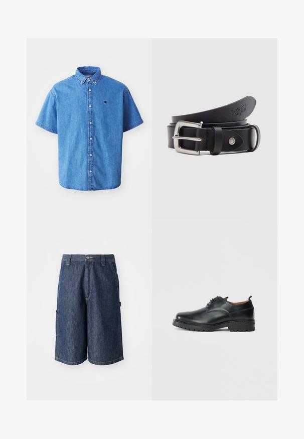 Kortærmet denimskjorte i lyseblå med button-down krave, der har et brystlogo og iøjnefaldende syninger.; Mørkeblå denimshorts med lige skæring, fem lommer og synlige sømme. Har en knaplukning og bæltestropper.; Sorte læder derby-sko med en glat overflade, rund tå, snøre-design og en tyk, robust gummisål.; Sort læderbælte med spænde i sølvmetal, en trykknap til justering og prægede detaljer på læderet. Glat tekstur over det hele.