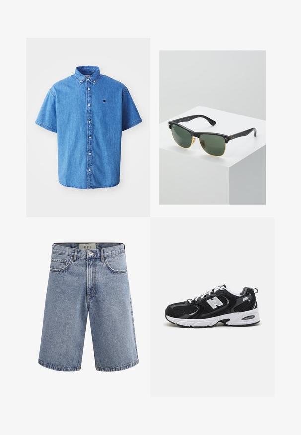 Lichtblauw denim shirt met korte mouwen en een knoopsluiting-kraag, voorzien van een logo op de borst en opvallende stiksels.; Lichtblauwe denimshorts met voorzakken, riemlussen, knoopsluiting en een label aan de binnenkant van de tailleband met de tekst "REBEL".; Zwarte en grijze sport schoenen met een bovenwerk van mesh en suede, voorzien van een witte tussenzool, veters en een gedurfde "N"-logo aan de zijkant.; Ray-Ban zonnebrillen met groene lenzen, zwarte plastic monturen en gouden accenten aan de randen. Vierkante vorm met een matte afwerking.