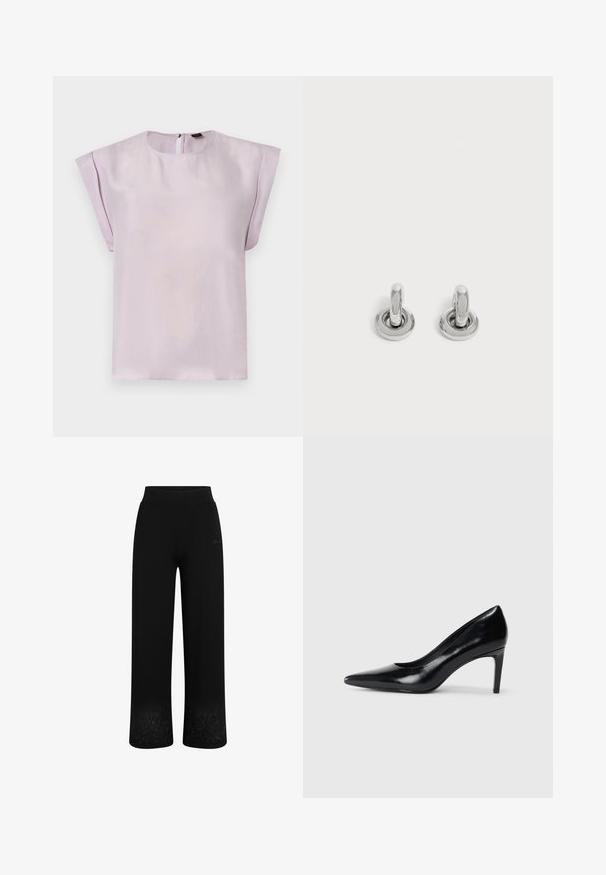 Blusa de seda lila con cuello redondo, mangas cortas drapeadas y cierre trasero con ojal. Textura suave con un diseño minimalista.; Pantalones de chándal negros con un diseño de pierna ancha, cintura elástica y bordado floral en el dobladillo. Fabricados con una tela suave y elástica.; Zapato de tacón alto de cuero negro con punta afilada, textura suave y tacón en forma de cono. Diseño minimalista, sin adornos adicionales.; Par de pequeños pendientes de aro plateados brillantes con base redonda, exhibidos sobre un fondo claro y liso.