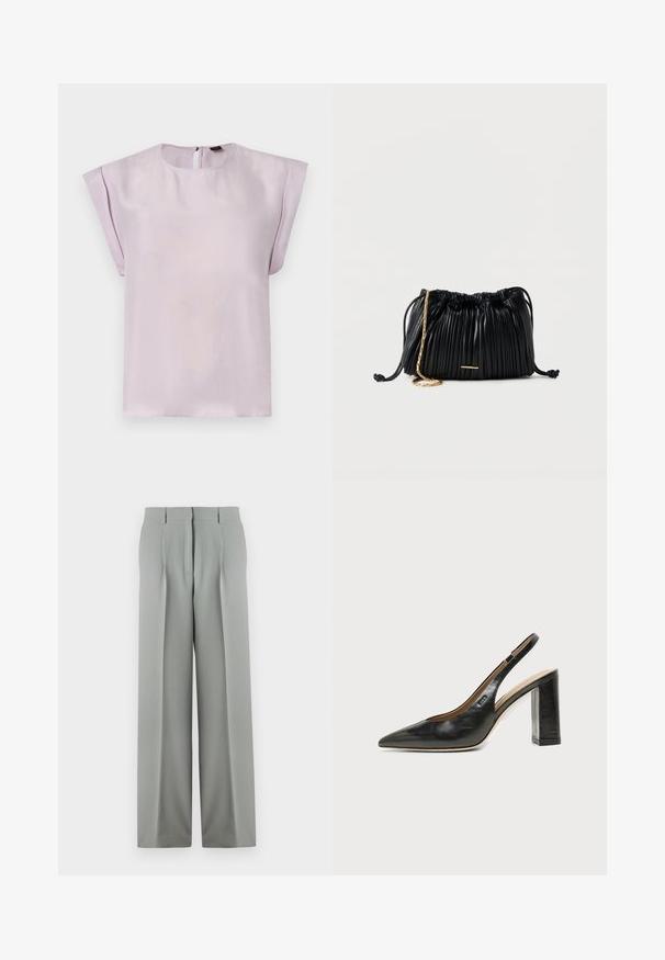 Lila zijden blouse met een ronde hals, korte gedrapeerde mouwen en een keyhole sluiting aan de achterkant. Gladde textuur met een minimalistisch ontwerp.; Lichtgrijze wijde trousers van soepel materiaal, met een hoge taille, geplooide voorkant en twee achterzakken met riemlussen.; Zwarte leren slingback schoen met spits toelopend neusje, hoge blokhak en beige binnenvoering tegen een effen lichte achtergrond.; Zwarte plissé leren handtas met trekkoord, gouden kettingriem en een klein horizontaal gouden accent aan de voorkant.