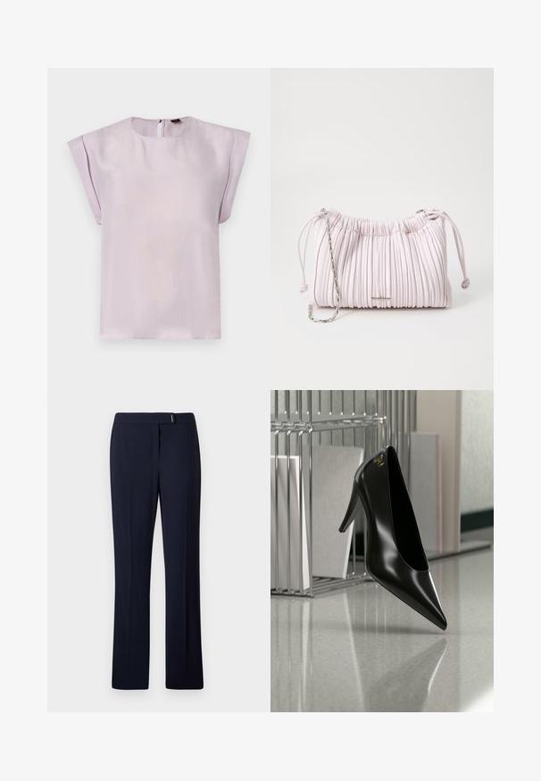Fliederfarbene Seidenbluse mit rundem Ausschnitt, kurzen drapierten Ärmeln und einem Rückenverschluss mit Schlüssellochöffnung. Glatte Textur mit minimalistischem Design.; Navyblaue maßgeschneiderte Hose aus einem glatten Stoff, mit flacher Vorderseite, geraden Beinen und einem dezenten silbernen Akzent an der Taille.; Schwarzer High-Heel-Schuh mit spitzer Zehe und goldem Logo, auf einer reflektierenden Oberfläche nahe einem verchromten Draht-Organizer mit Dokumenten positioniert.; Rosa gefaltete Handtasche aus Kunstleder mit einem Kordelzugverschluss und einem Schulterriemen aus silberner Kette. Glatte Textur, kompakte Form.