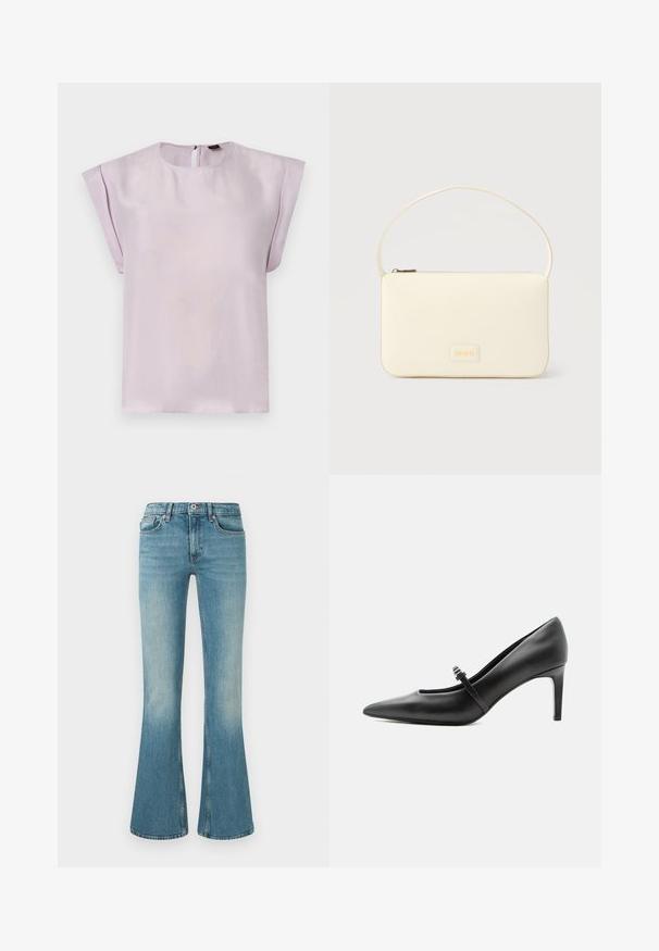 Blouse en soie lilas avec un col rond, des manches courtes drapées et une fermeture au dos en forme d'œillet. Texture douce avec un design minimaliste.; Jeans en denim bleu évasés avec un lavage léger, cinq poches, un détail de couture et une taille avec un bouton et une fermeture éclair.; Escarpin noir en cuir à bout pointu avec une fine bride et une boucle sur le cou-de-pied, posé sur un fond clair neutre.; Sac à main rectangulaire de couleur crème avec une seule sangle et une fermeture éclair sur le dessus, comportant une petite plaque de logo embossé à l'avant.