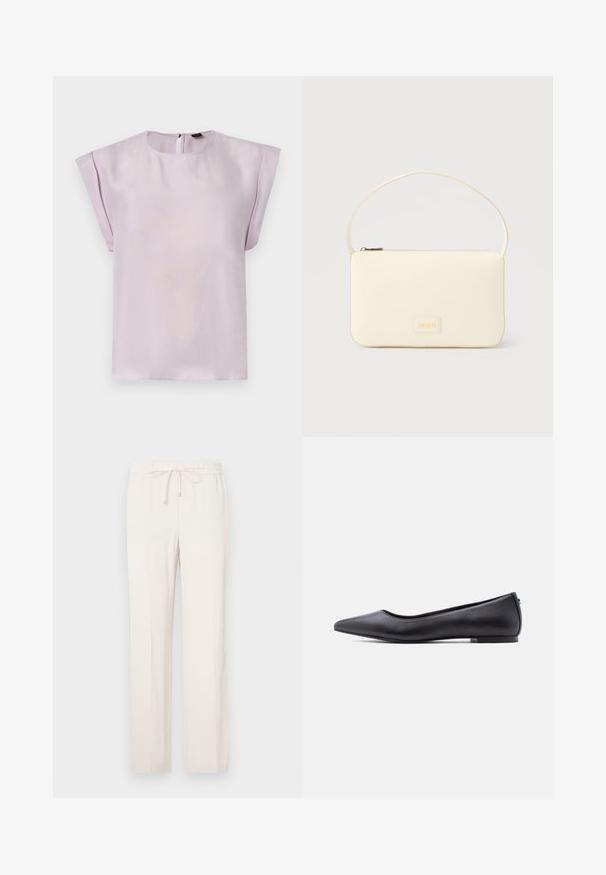 Blouse en soie lilas avec un col rond, des manches courtes drapées et une fermeture au dos en forme d'œillet. Texture douce avec un design minimaliste.; Pantalon beige clair avec une taille élastique et un cordon de serrage, présentant une coupe droite et une texture lisse. Aucune poche visible.; Chaussure plate en cuir noire à bout pointu avec petit talon, vue de profil sur fond blanc.; Sac à main rectangulaire de couleur crème avec une seule sangle et une fermeture éclair sur le dessus, comportant une petite plaque de logo embossé à l'avant.