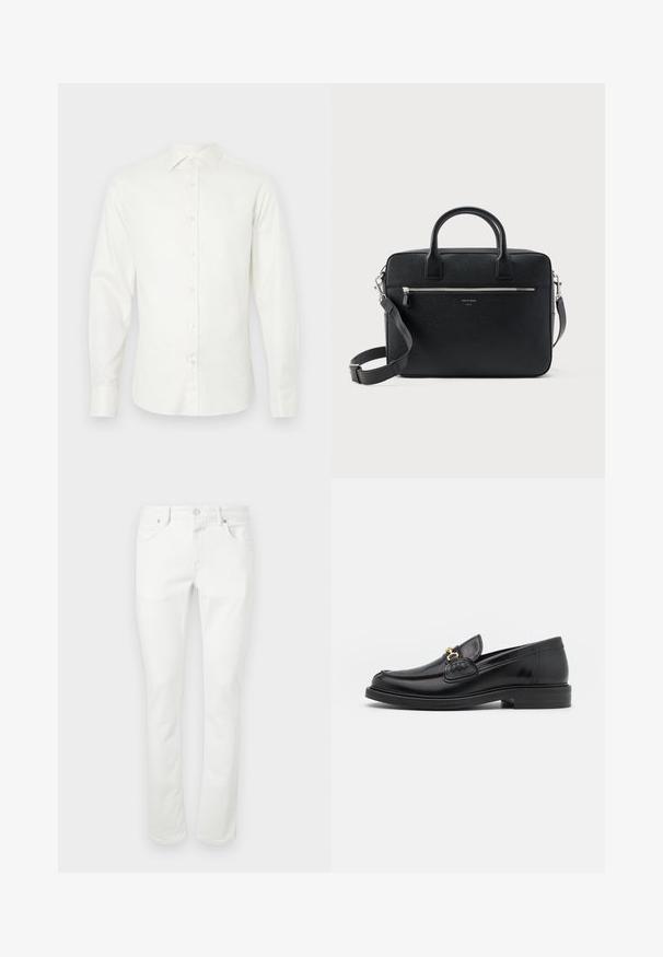 Chemise blanche à manches longues en tissu lisse, avec un col, une fermeture à boutons sur le devant et un ourlet droit avec des poignets.; Jeans en denim blanc avec une coupe droite, un design à cinq poches et une fermeture à bouton en métal. Texture lisse et détails de couture minimaux.; Mocassins en cuir noir avec un embout rond, présentant des accents en métal doré et des détails de couture, montés sur une semelle en caoutchouc texturé et basse.; Serviette rectangulaire en cuir noir texturé avec double poignée, poche avant zippée et bandoulière réglable présentée sur fond blanc.