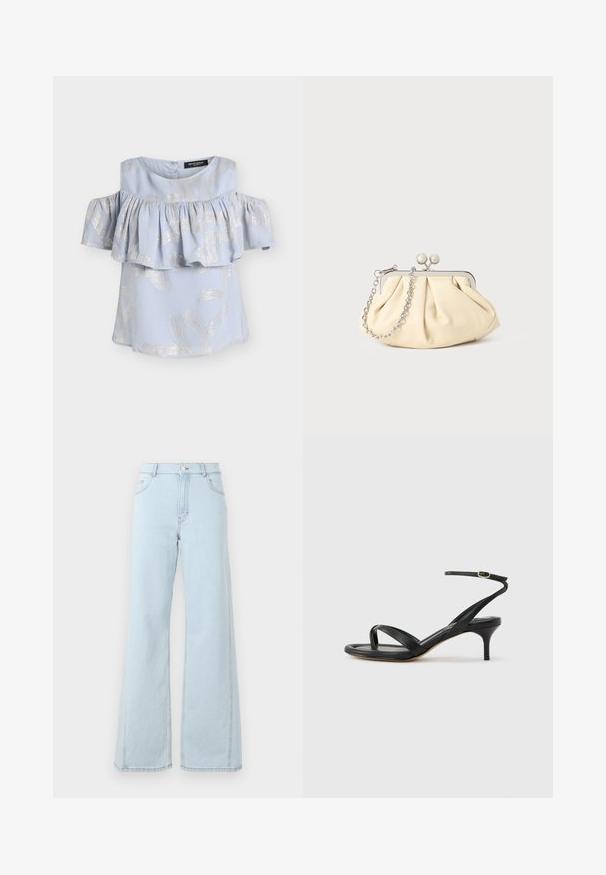 Lyseblå cold-shoulder bluse med sølvmetalisk bladmønster og flæseoverlay over bryst og ærmer.; Lysblå denim wide-leg jeans har høj talje, frontlommer og synlige stiksyninger på sømmene og kanten.; Sort damesandal i læder med tynde remme, en tå-loop, ankelspænde og en mellemhøj stiletthæl på en neutral baggrund.; Plisseret beige læderclutch med en sølvmetalramme, der har to runde dekorative låse og en sølvkædetrasporte.