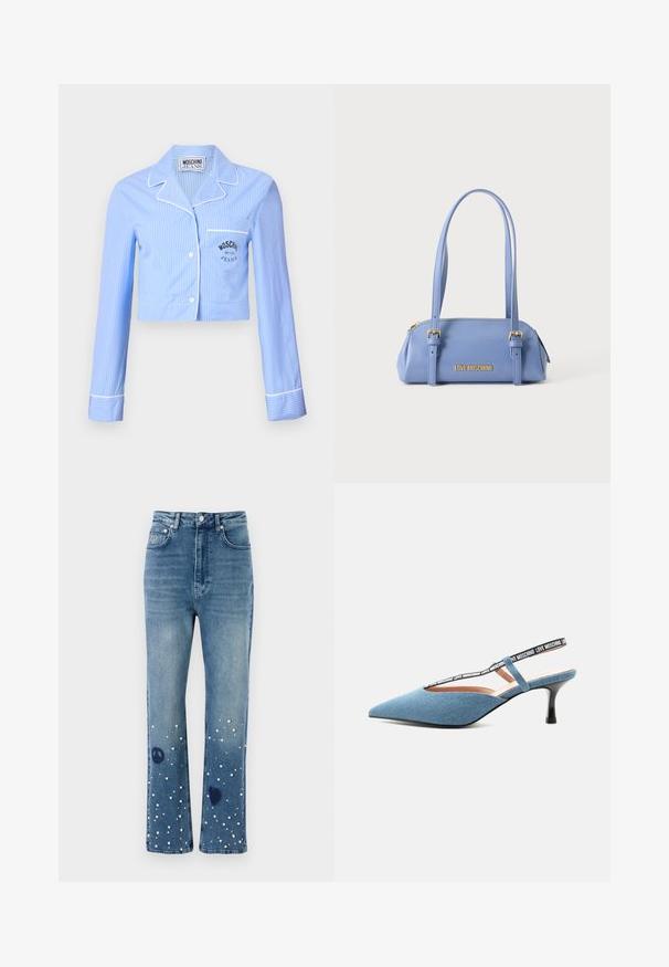 Camisa de pijama recortada de rayas azules con mangas largas, ribete blanco y un bolsillo en el pecho que presenta un logo negro de Moschino Jeans.; Vaqueros de mezclilla azul con cintura alta, ajuste recto, adornados con perlas blancas y símbolos de paz y corazón cerca del dobladillo.; Zapato azul de tacón bajo tipo slingback con punta afilada y tira negra con texto blanco "Love Moschino" sobre fondo claro.; Bolso rectangular azul claro con dos tirantes largos, hebillas doradas, cremallera superior y logotipo "LOVE MOSCHINO" en letras doradas en el frente.
