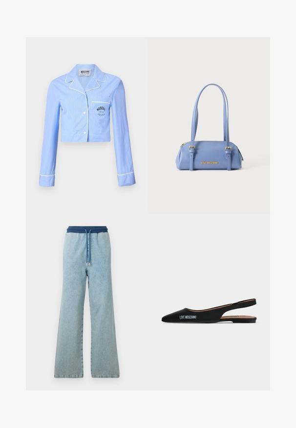 Zastrihnutá modrá pruhovaná pyžamová košeľa s dlhými rukávmi, bielym lemovaním a náprsním vreckom s čiernym logom Moschino Jeans.; Svetlo modré široké džíny s tmavo modrým elastickým pásom a zodpovedajúcim šnúrkovým opaskom s kovovými koncami.; Čierna špicatá slingback balerína s nízkym podpätkom a logom "LOVE MOSCHINO" na boku na jednoduchom svetlom pozadí.; Svetlomodrá obdĺžniková kabelka s dvoma dlhými remienkami, zlatými prackami, horným zipsom a logom "LOVE MOSCHINO" v zlatom písme na prednej strane.