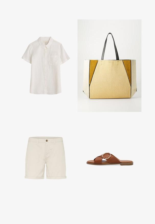 Korte mouwen, knoopsluiting shirt van lichtgewicht, crèmekleurig linnen. Bevat een enkele borstzak en een klassiek kraagontwerp.; Lichtbeige katoenen shorts met een knoopsluiting, opgevouwen mouwen en zijzakken. Gladde textuur en op maat gemaakt ontwerp voor comfort.; Bruine platte sandaal met gekruiste leren bandjes en een grote ronde gouden gesp, van opzij getoond op een witte achtergrond.; Ted Baker COLLAPSIBLE LARGE - Shopper - natural