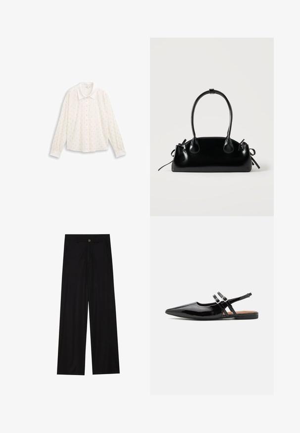 Blouse blanche à manches longues, avec un col, au fit court, ornée de motifs en pois métalliques sur l'ensemble du tissu.; Pantalons noirs à jambes larges en tissu lisse, avec poches avant et fermeture à bouton à la taille. Design minimaliste sans motifs.; Des chaussures slingbacks en cuir verni noir présentent un bout pointu, deux sangles avec des accents de boucle, et une semelle plate.; Petit sac à main noir brillant avec deux longues anses et des détails à cordon sur les côtés sur un fond clair uni.