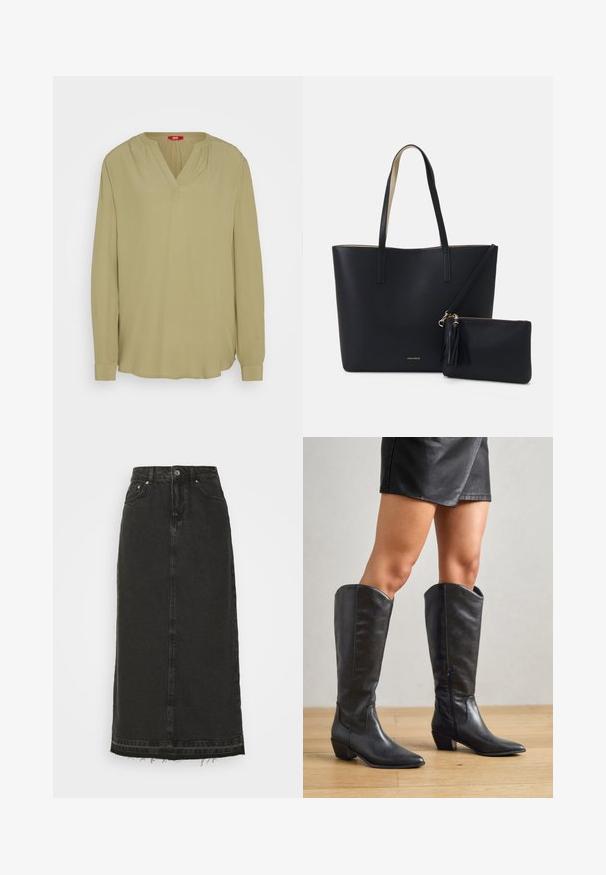 Esprit BLOUSE - Blúzka - light khaki; Čierna denimová midi sukňa s priliehavým pásom, predným uzáverom na gombíky a rozstrapkaným lemom. Obsahuje klasický dizajn s piatimi vreckami a mírnu textúru.; Čierne kožené čižmy po kolená s hladkým povrchom, s špicatou špičkou, nízkym blokovým podpätkom a bočným zipsom pre jednoduché obúvanie.; Čierna taška cez rameno s textúrovaným materiálom, dvomi dlhými popruhmi a odnímateľným zipsovým vreckom s detailom v podobe strapca. Viditeľné zlaté logo značky.