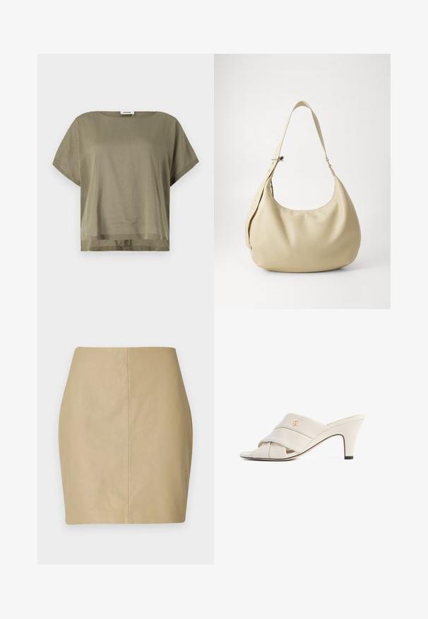 Top verde oliva de manga corta hecho de una tela ligera, con un corte holgado y un dobladillo recto. Diseño minimalista con cuello redondo.; Falda mini de cuero beige con un diseño ajustado, textura suave y una costura central que corre verticalmente por la parte posterior.; Mules de tacón alto beige con diseño de tira de cuero torcida, punta abierta y detalle de logotipo en relieve. El tacón tiene un detalle en punta negra.; Bolso de hombro de cuero beige con forma curva, correa ajustable y detalle de logo en relieve, que presenta una textura suave y un diseño minimalista.