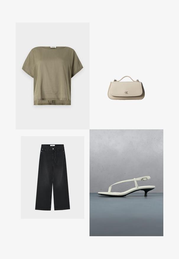 Oliven grøn, kortærmet top lavet af letvægtsstof, med en løs pasform og lige kant. Minimalistisk design med rund halsudskæring.; Sorte vidde jeans med høj talje, bæltestropper, forreste knap- og lynlåslukning samt et stofbælte bundet i taljen.; Hvid sandal med stropper og kitten-hæl med spids tå, svævende over et trægulv udendørs med en sløret plante og væg i baggrunden.; Lille beige læderhåndtaske med top håndtag og sølv CK-logo på frontklap, vist mod en hvid baggrund.