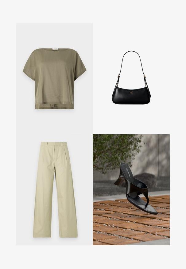 Haut court olive en vert, fabriqué en tissu léger, présentant une coupe ample et un ourlet droit. Design minimaliste avec un col rond.; Pantalons larges en coton beige clair, présentant un devant plat avec des plis, des passants de ceinture et des ourlets à revers. Texture lisse et design décontracté.; Sandale à talon noire Calvin Klein en forme de tongs flottant au-dessus d'une surface extérieure carrelée avec de la verdure et un mur en béton en arrière-plan.; Mini sac à bandoulière en cuir noir avec une fine bandoulière et un petit logo CK doré au centre avant.