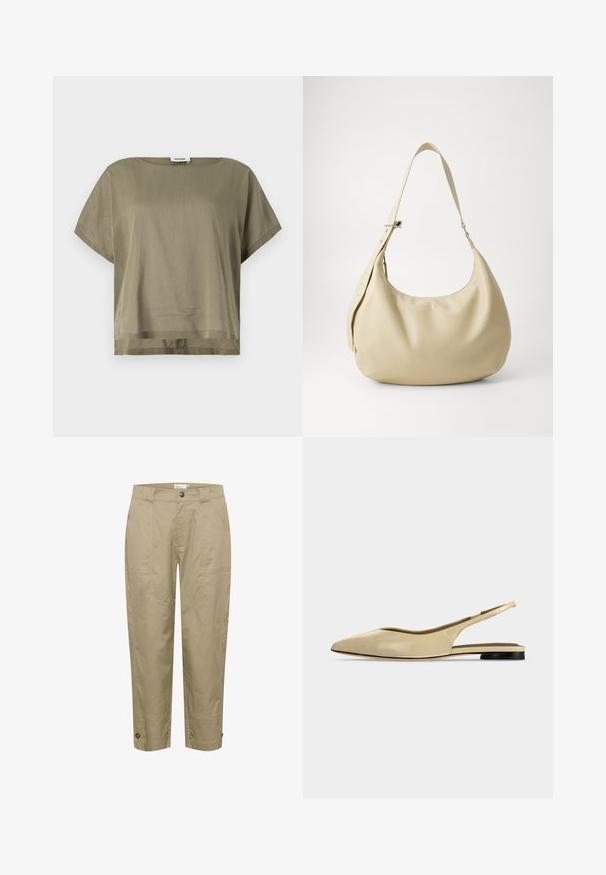 Oliven grøn, kortærmet top lavet af letvægtsstof, med en løs pasform og lige kant. Minimalistisk design med rund halsudskæring.; Beige, lette bukser med lige pasform, der har sidelommer og knapdetaljer i kanten for justerbar pasform og stil.; Beige spids tå slingback flad sko med lav sort hæl og en glat læderfinish, vist fra siden på en ensfarvet baggrund.; Beige læder skuldertaske med en buet form, justerbar rem og præget logo detalje, der har en glat tekstur og minimalistisk design.