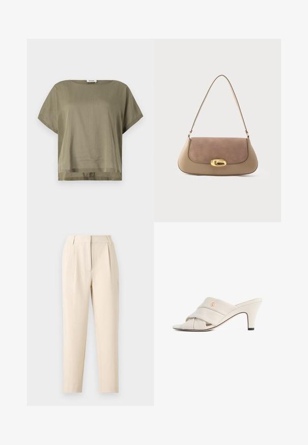 Top verde oliva de manga corta hecho de una tela ligera, con un corte holgado y un dobladillo recto. Diseño minimalista con cuello redondo.; Pantalones beige a medida con corte recto, que presentan pliegues en la parte delantera y un acabado suave. La tela parece ligera y texturizada.; Mules de tacón alto beige con diseño de tira de cuero torcida, punta abierta y detalle de logotipo en relieve. El tacón tiene un detalle en punta negra.; Bolso tote en cuero beige y marrón, con una solapa de suave ante, un cierre ovalado dorado y una única correa para el hombro. Textura suave en conjunto.