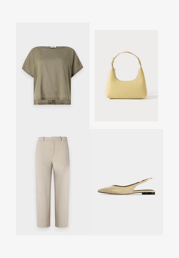 Haut court olive en vert, fabriqué en tissu léger, présentant une coupe ample et un ourlet droit. Design minimaliste avec un col rond.; Pantalons beiges coupés, design ajusté, devant plat avec fermeture éclair dissimulée, deux poches latérales, fabriqués en tissu en coton mélangé lisse.; Chaussure plate beige à bout pointu avec bride arrière, petit talon noir et finition en cuir lisse, vue de côté sur un fond uni.; Sac à main en cuir jaune avec une silhouette incurvée, une bandoulière courte réglable et un compartiment zippé. Présente un logo subtil à l'avant.