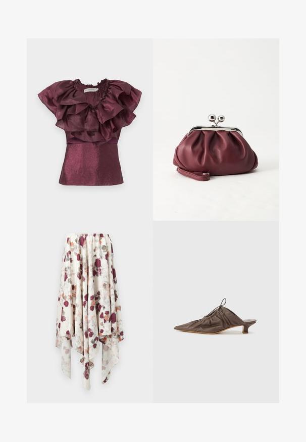 Lilla bluse med korte ærmer med lagdelt flæsekrave og skinnende tekstureret stof, mærket Ida Sjöstedt.; Hvid nederdel med sjaldræk, dekoreret med maroon, grå og orange akvarel-blomsterprint, der har en elastisk talje.; Brun læder mule med spids tå, samlet tekstur, lille hæl og en snorede accent ved åbningen. Glat finish.; Lille bordeauxlæder clutch-pung med sølv metal lukning og håndledsrem på hvid baggrund.