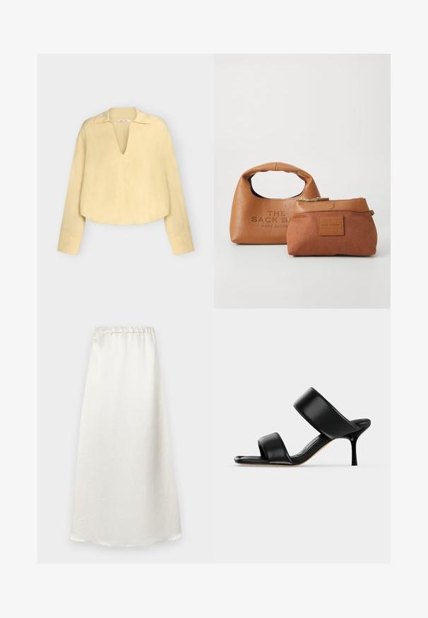 Blouse met lange mouwen, lichtgele kleur, met een diepe V-hals en kraag, loszittend en licht cropped model.; Witte, enkellange rok gemaakt van een soepele, lichte stof met een geplooide tailleband en een subtiele textuurafwerking.; Zwarte leren mule sandaal met twee brede banden en een slanke, middelhoog stilettohak op een effen lichte achtergrond.; Handtas van bruin leer met een afgeronde handgreep, geperst logo; bevat een kleinere bruine pouch met ritssluiting en een vierkant merklabel.