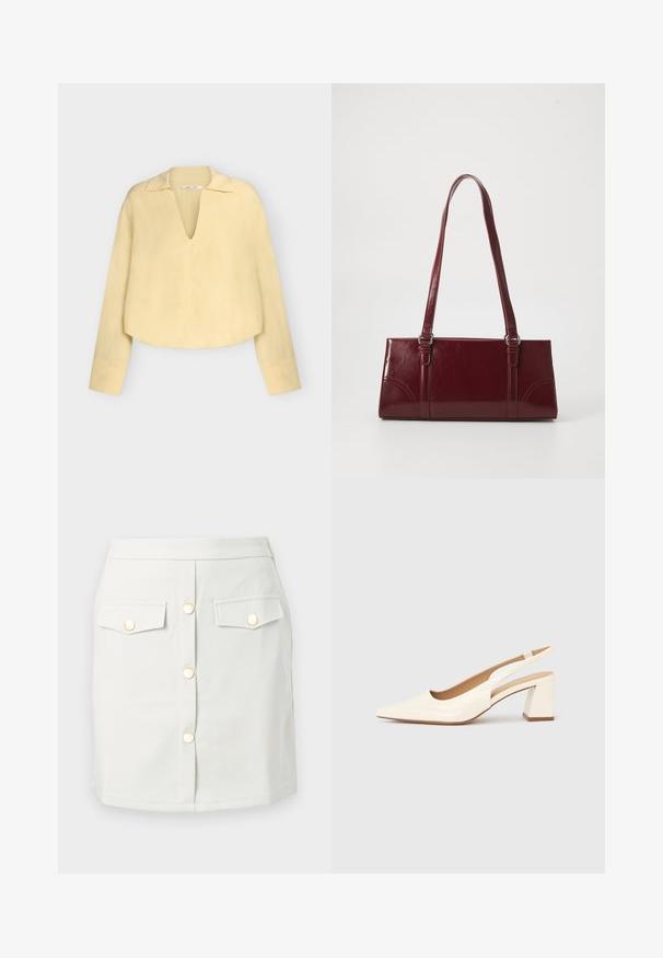 Blouse à manches longues, jaune pâle, avec un profond décolleté en V et un col, avec une coupe ample et légèrement raccourcie.; Mini-jupe blanche avec boutons-pression dorés à l'avant et deux poches à rabat ornées de boutons dorés, sur fond uni.; Escarpin slingback en cuir verni crème brillant, avec un bout pointu et un talon carré épais pour la stabilité. Design minimaliste, sans ornements.; Sac à main bordeaux en matériau brillant, de forme rectangulaire, avec deux anses et des accents légèrement courbés à l'avant.