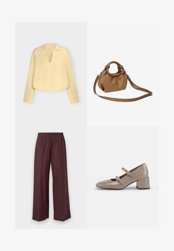 Blouse à manches longues, jaune pâle, avec un profond décolleté en V et un col, avec une coupe ample et légèrement raccourcie.; Pantalon bordeaux à jambes larges en tissu léger, doté d'une ceinture élastique et de coutures nettes et simples sans motifs supplémentaires.; Chaussure Mary Jane en cuir verni beige avec un bout pointu, deux sangles ajustables et un talon épais et carré. Texture lisse et matériel minimal.; Sac pochette marron en matériau synthétique texturé, doté d'un dessus froncé, de poignées nouées et d'une bandoulière ajustable.