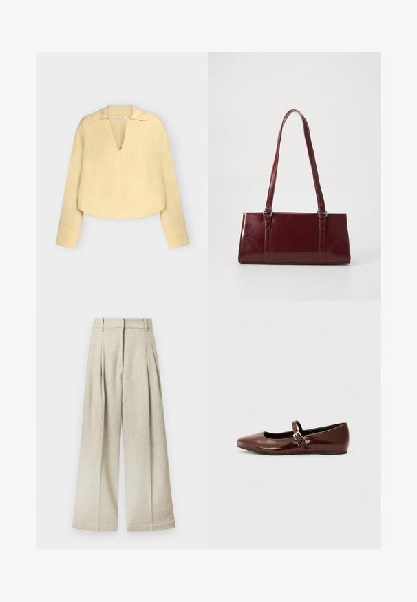 Blouse à manches longues, jaune pâle, avec un profond décolleté en V et un col, avec une coupe ample et légèrement raccourcie.; Pantalon à jambes larges en tissu gris clair avec une finition texturée, présentant des plis à l'avant et une ceinture plate, sans poches visibles.; Ballerine en cuir verni marron avec un bout carré et une lanière ornée d'une petite boucle dorée. Texture lisse, talon bas et design minimaliste.; Sac à main bordeaux en matériau brillant, de forme rectangulaire, avec deux anses et des accents légèrement courbés à l'avant.