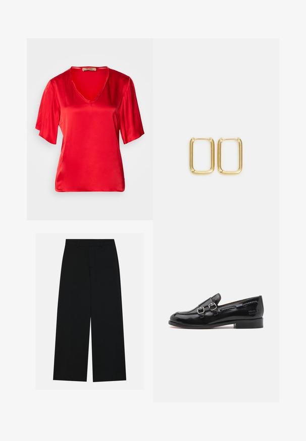 Top de satén rojo con escote en V y mangas cortas, ligeramente acampanadas. La tela tiene una textura suave y un acabado brillante.; Pantalones negros de pierna ancha hechos de una tela suave. Presentan una cintura plana con pasadores de cinturón y sin bolsillos visibles. Diseño sencillo.; Mocasín de charol negro con acentos de doble hebilla plateada, punta ligeramente redondeada y tacón bajo apilado. Detalle de costura texturizada a lo largo de la parte superior.; Pendientes de aro de metal dorado con forma cuadrada, bordes suaves y un acabado pulido, que reflejan la luz con una superficie brillante.