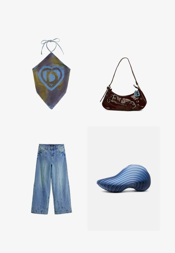 Denim halter-top med blåt hjerteformet logo med stiliserede bogstaver, bundet ved halsen, med en spids kant.; Lysblå, brede jeans i denim med høj talje, markante syninger og lappe-lignende detaljer på baglommerne.; Glat, blåt objekt med bølget tekstur formet som en abstrakt skal eller bælg, der hviler på en hvid overflade.; Bordeaux patentskinds læder håndtaske med en buet form, sølv hardware detaljer og en dekorativ spænde. Har en kort rem og lynlås lukning.