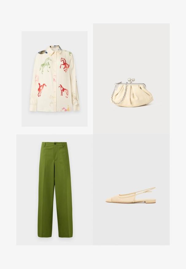 Crème kleurig overhemd met lange mouwen en knopen, met meerkleurige aquarel paardenprints in rood, groen, roze en blauw.; Groene, wijde broek van gladde stof. Voorzien van een enkele sluiting met een frontknop en een vlak ontwerp aan de voorkant.; Slingback ballerina in lichtbeige met een mesh bovenwerk, spitse neus en een lage hak. Voorzien van een verstelbare band voor een goede pasvorm.; Geplooide beige leren clutch met een zilveren metalen frame, voorzien van twee ronde decoratieve sluitingen en een zilveren kettingriem.