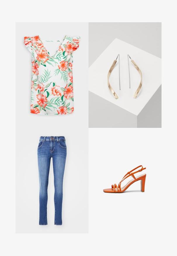 ONLY ONLSYLVIE LIFE FRILL TOP - Pluus - cloud dancer jungle; Kitsad teksad keskmise sinise värvusega, valmistatud denimkangast. Omavad viit taskut, nööbiga sulgemist ja peent pleekimist põlvede lähedal.; Oranžid kõrge kontsaga sandaal kitsaste rihmadega ja ruudukujulise varbaga. Omab paksu kontsa ja pandla sulgemist pahkluule, valmistatud siledast materjalist.; Kulla- ja hõbedased ripatsid kõrvarõngad, millel on kõver, piklik kuju. Läikiv viimistlus koos sujuva tekstuuri ja minimalistliku kujundusega.