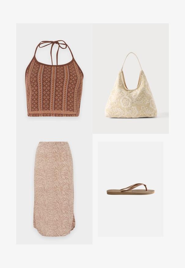 Brun mønstret halterneck crop top med geometriske design og off-white detaljer, justerbare halsbånd og en blød tekstureret finish.; Midi-længde beige nederdel med abstrakt blomster- og zebrastribet mønster, der har en buet kant og blødt, letvægtsstof.; Brun gummiflipflop sandal med tekstureret sål og mærket V-formede remme på en ensartet lys baggrund.; Kremfarvet stoftaske med hvidt blomsterhæklet mønster og en enkelt tynd skulderrem på ensfarvet baggrund.