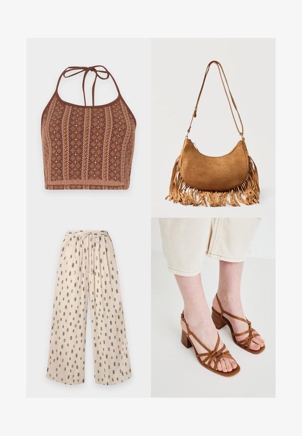 Braun gemusterter Halter-Crop-Top mit geometrischen Designs und schneeweißen Akzenten, verstellbaren Nackenbändern und einer weichen Textur.; Beige weit geschnittene Hose mit Bund zum Binden, die ein schwarzes Rauten-Muster aufweist. Hergestellt aus leichtem Stoff für besonderen Komfort.; Braune Riemchen-High-Heelsandalen mit einem klobigen Absatz, ausgestattet mit geknoteten Riemen und einem offenen Zehendesign. Texturierte Sohle und verstellbarer Knöchelriemen.; Braune, halbmondförmige Schultertasche aus Wildleder mit langem Riemen und Fransen entlang der unteren Kanten vor weißem Hintergrund.