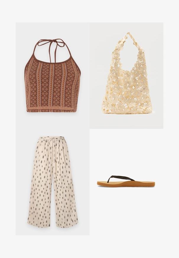Braun gemusterter Halter-Crop-Top mit geometrischen Designs und schneeweißen Akzenten, verstellbaren Nackenbändern und einer weichen Textur.; Beige weit geschnittene Hose mit Bund zum Binden, die ein schwarzes Rauten-Muster aufweist. Hergestellt aus leichtem Stoff für besonderen Komfort.; Braune geflochtene Riemchenflip-Flops mit einer weichen Sohle und einem beigefarbenen Fußbett, das ein rundes Design aufweist und eine strukturierte Gummisohle für besseren Halt bietet.; Beige gehäkelte Tragetasche mit offenem Blumenmuster, bestehend aus großen und kleinen Blumen und einem einzelnen Schlaufenhenkel.