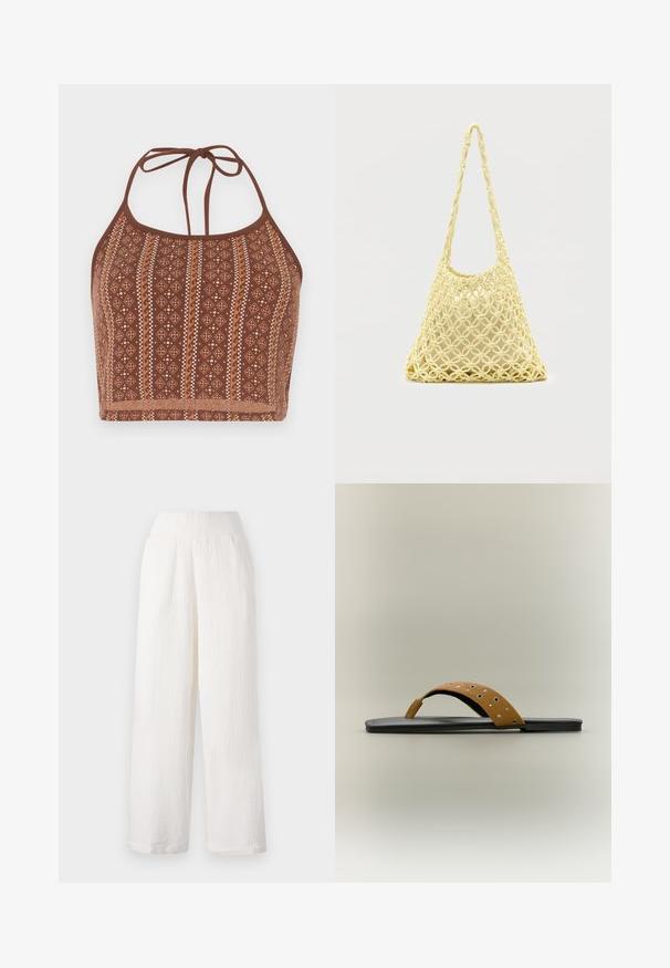 Brun mønstret halterneck crop top med geometriske design og off-white detaljer, justerbare halsbånd og en blød tekstureret finish.; Hvide bukser med vidde i benene og en tekstureret, krøllet stof. Har et elastisk liv og sidelommer for bekvemmelighed.; Flad sort sandal med en brun læderrem over tæerne, der har sølvnitter og metaløjer mod en ensfarvet baggrund.; Gul makramé-nettaske med lang rem og beige pose indeni, vist på en ensartet hvid baggrund.