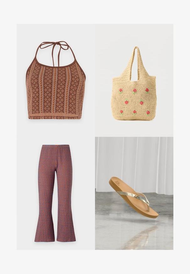 Top crop halter à motifs marron, présentant des designs géométriques avec des accents blanc cassé, des liens au cou ajustables et une finition douce et texturée.; Pantalons évasés à motifs avec un design en vagues orange et bleu, fabriqués en tissu texturé avec une taille élastique pour le confort.; Tongs couleur beige avec des brides dorées métalliques flottant au-dessus d'un sol gris réfléchissant et d'un fond de rideau blanc.; Sac fourre-tout en toile beige avec de courtes poignées, décoré de petites fleurs brodées rouges et vertes espacées sur le devant.