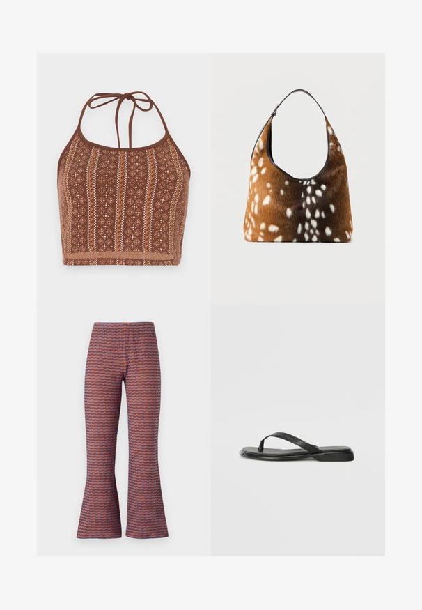 Hnedý vzorovaný crop top na šnurovanie s geometrickými motívmi a krémovými akcentmi, nastaviteľné viazanie okolo krku a mäkký textúrovaný povrch.; Pásikavé rozšírené nohavice s vlnkovým vzorom v oranžovej a modrej farbe, vyrobené z textúrovanej látky s elastickým pásom pre pohodlie.; Čierne šľapky vyrobené z hladkej kože, s tenkým pásikom a plochou podrážkou s minimalistickým profilom. Bez výrazných vzorov alebo akcentov.; Hnedá a čierna kabelka s bielou škvrnitou kožušinou a jediným čiernym ramenným popruhom na jednoduchom pozadí.