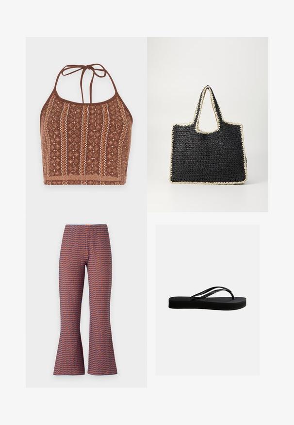 Hnedý vzorovaný crop top na šnurovanie s geometrickými motívmi a krémovými akcentmi, nastaviteľné viazanie okolo krku a mäkký textúrovaný povrch.; Pásikavé rozšírené nohavice s vlnkovým vzorom v oranžovej a modrej farbe, vyrobené z textúrovanej látky s elastickým pásom pre pohodlie.; Čierna gumená žabky s textúrovanou podrážkou a Y-tvarovaným remienkom, zobrazené z boku na svetlom jednoduchom pozadí.; Čierna tkaná taška tote s krémovým lemovaním a rukoväťami, obdĺžnikový tvar, otvorený vrch a textúrovaný pletený vzor.