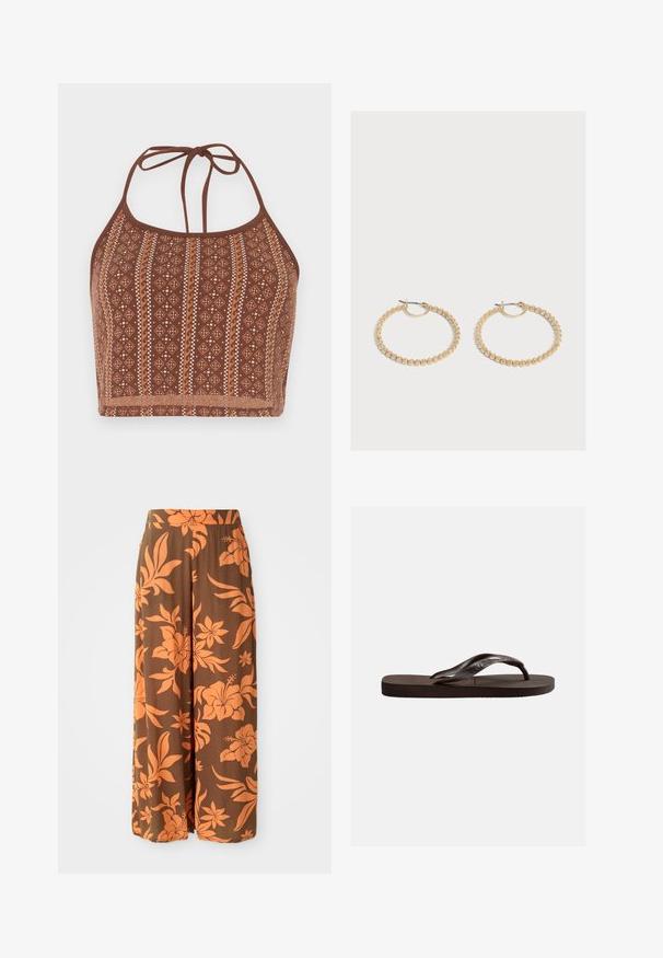Top corto con patrón marrón y cuello halter, que presenta diseños geométricos con acentos blanco roto, lazos ajustables en el cuello y un acabado de textura suave.; Pantalones de pierna ancha marrones con un patrón floral naranja. Textura suave con una cintura alta y bolsillos laterales. Diseño casual y fluido.; Chancla marrón de goma con suela texturizada y una tira en forma de T que presenta patrones sutiles en relieve.; Par de pendientes de aro dorados de tamaño mediano con un diseño texturizado y con cuentas sobre un fondo claro y liso.