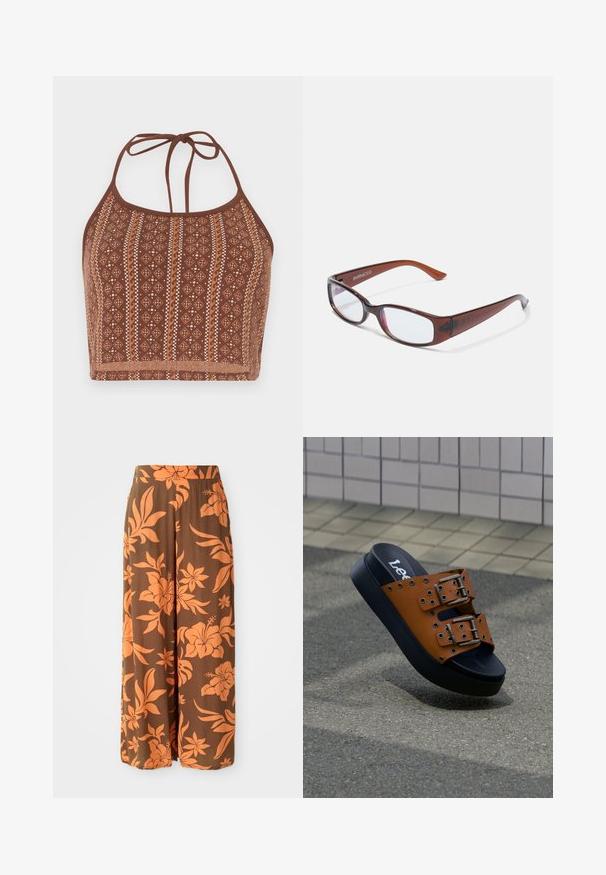 Brun mønstret halterneck crop top med geometriske design og off-white detaljer, justerbare halsbånd og en blød tekstureret finish.; Brune brede bukser med et orange blomstermønster. Glat tekstur med høj talje og sidelommer. Afslappet og let design.; Brun læder-sandaler med to stropper med metalspænder og en tyk sort sål på en fliset udendørs overflade.; Brune-farvede rektangulære briller med en glat overflade, der har slanke arme og gennemsigtige linser. Logoet er synligt på venstre temple.