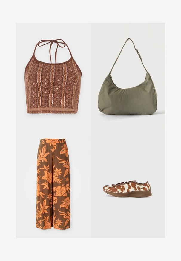 Brun mønstret halterneck crop top med geometriske design og off-white detaljer, justerbare halsbånd og en blød tekstureret finish.; Brune brede bukser med et orange blomstermønster. Glat tekstur med høj talje og sidelommer. Afslappet og let design.; Brun og cremefarvet mønstret sneaker med en blød, tekstureret overdel og en glat brun sål. Har snøredesign og diskret branding.; Skuldertaske i blødt olivengrønt stof med lynlås og justerbar rem på ensfarvet, lyst baggrund.