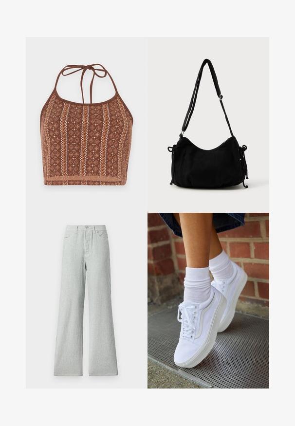 Brun mønstret halterneck crop top med geometriske design og off-white detaljer, justerbare halsbånd og en blød tekstureret finish.; Stribede bukser med vidde lavet af letvægtsstof, prydet med lodrette blå og hvide striber, højt liv og frontlommer.; Hvide lærreds sneakers med gummisåler, der har seks snørehuller, rund tå og let sømdetaljer, krydret med hvide ankelstrømper.; Sort kordfløjls skuldertaske med en buet form, justerbar strop og snorelukninger på begge sider til størrelsejustering.