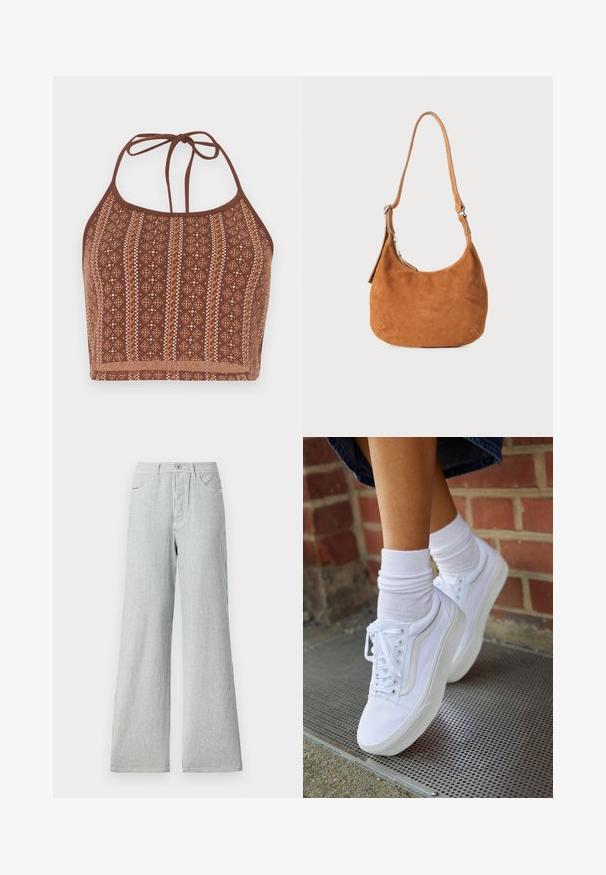 Hnedý vzorovaný crop top na šnurovanie s geometrickými motívmi a krémovými akcentmi, nastaviteľné viazanie okolo krku a mäkký textúrovaný povrch.; Prúhované široké nohavice vyrobené z ľahkej tkaniny, s vertikálnymi modro-bielymi pruhmi, vysokým pásom a prednými vreckami.; Biele plátené tenisky s gumovou podrážkou, s piatimi dierkami na šnúrky, okrúhlou špičkou a svetlými švami, doplnené o biele členkové ponožky.; Tanová semišová kabelka na plece s zakriveným dizajnom, nastaviteľným popruhom, kovovým zipsom a vytlačeným logom na prednej strane.