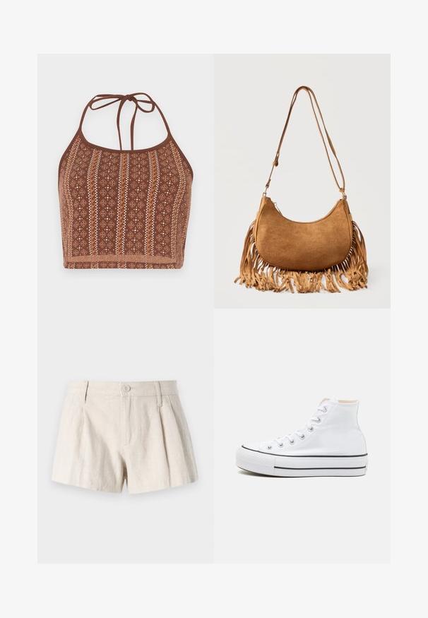 Brun mønstret halterneck crop top med geometriske design og off-white detaljer, justerbare halsbånd og en blød tekstureret finish.; Linning shorts i en lys beige farve med plisseret design, frontknaplukning og en glat, struktureret finish.; Hvide høj-top sneakers lavet af kanvasmateriale, sort gummisål og kontrasterende sort stribe på mellemsålen. Rund tåhætte og snørebåndsdesign.; Brun ruskinds skuldertaske i halvmåneform med lang rem og frynser langs de nederste kanter mod en hvid baggrund.