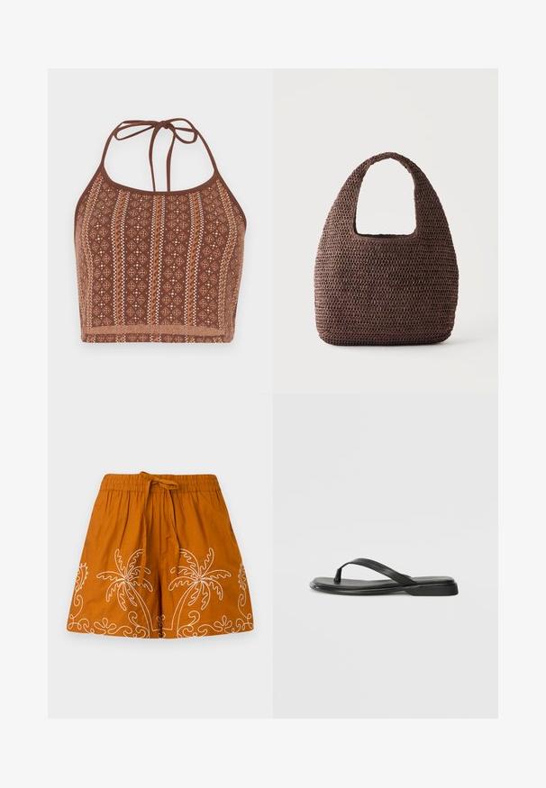 Pruunist mustriga halter-crop top, millel on geomeetrilised disainid ja kreemjad aktsendid, reguleeritavad kaelapaelad ja pehme tekstuurse viimistlusega.; Oranž puuvillane seelik elastse vöökohtaga, millel on valge tikitud palmipuu motiivid ja dekoratiivsed keerdkäigud äärtes.; Musta sussumood, mis on valmistatud siledast nahast. Sellel on õhuke rihma disain ja lame tald minimaalsete joontega. Mingeid silmatorkavaid mustreid või aktsente ei ole.; Pruun heegeldatud ostukott laia käepideme ja ümarate nurkadega ristkülikukujulisel helel taustal.